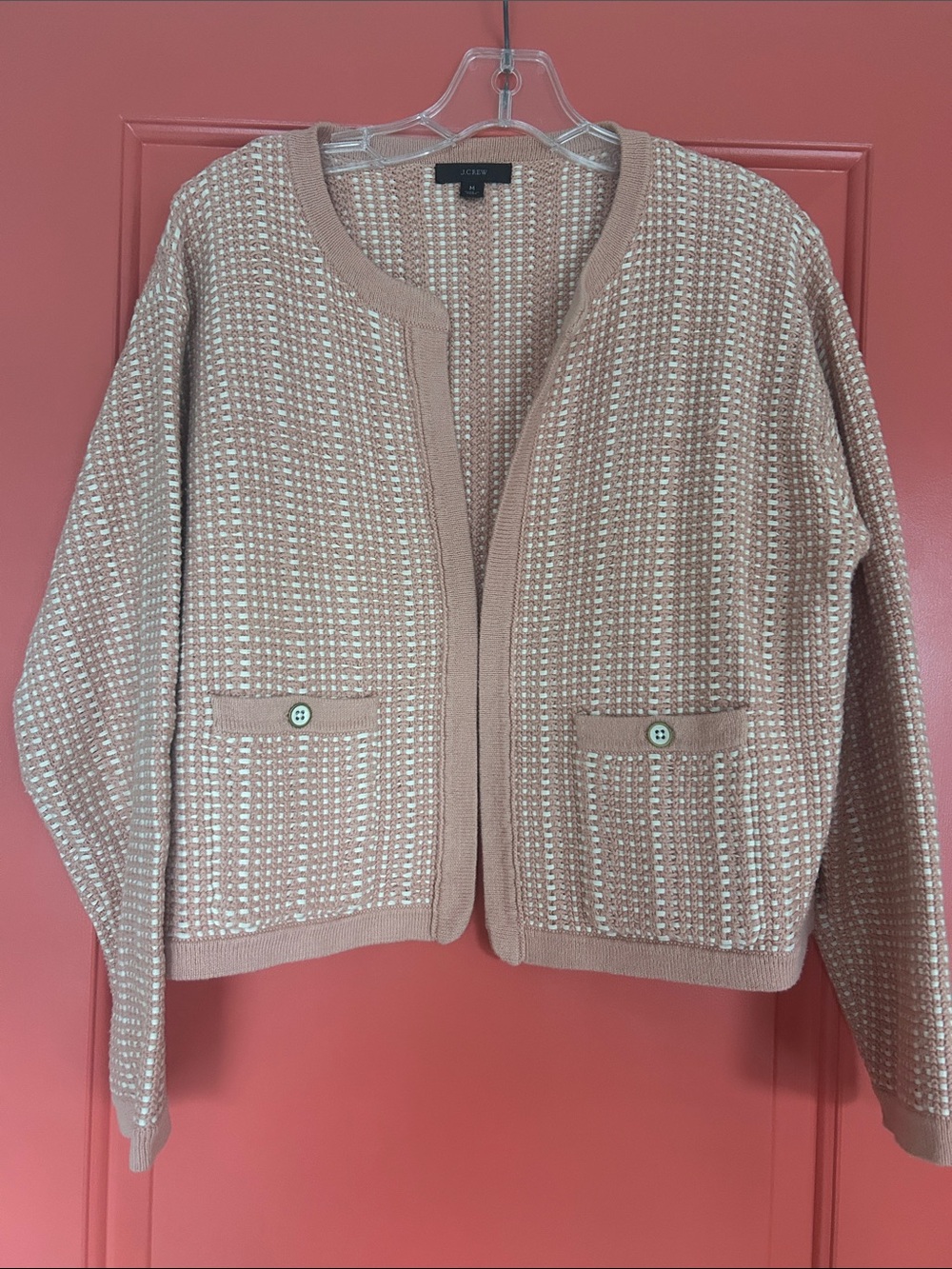 J. Crew Woven Open-Front Women's Sweater Cardigan in Mauve and Cream